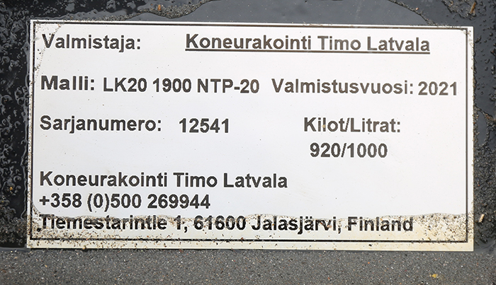 Koneurakointi Timo Latvala LUISKAKAUHA NTP20/30 1900MM 1000L 920KG