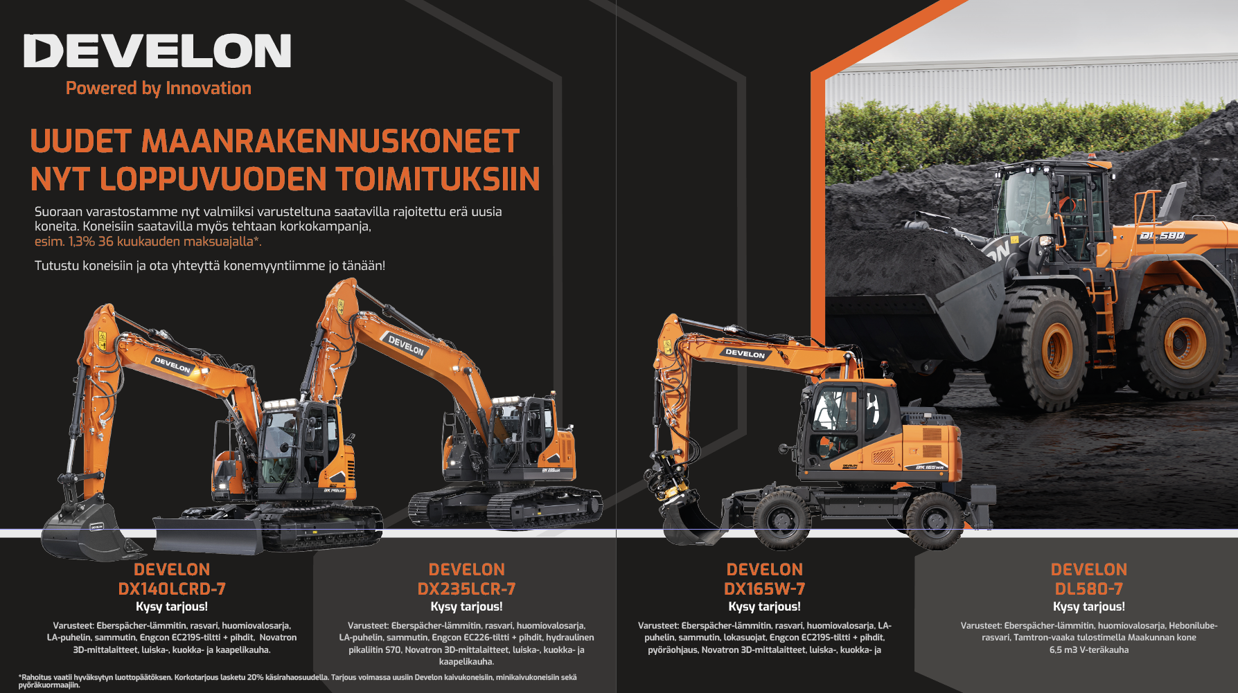 Uudet Develon maanrakennuskoneet nyt loppuvuoden toimituksiin